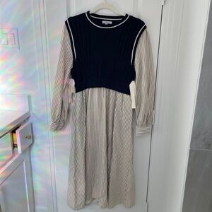 Elegant Navy and Cream Long Sleeve Dress